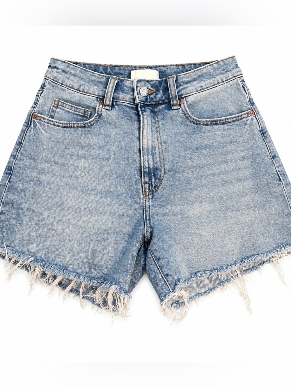 H&M Light Blue High-Rise Frayed Denim Shorts q